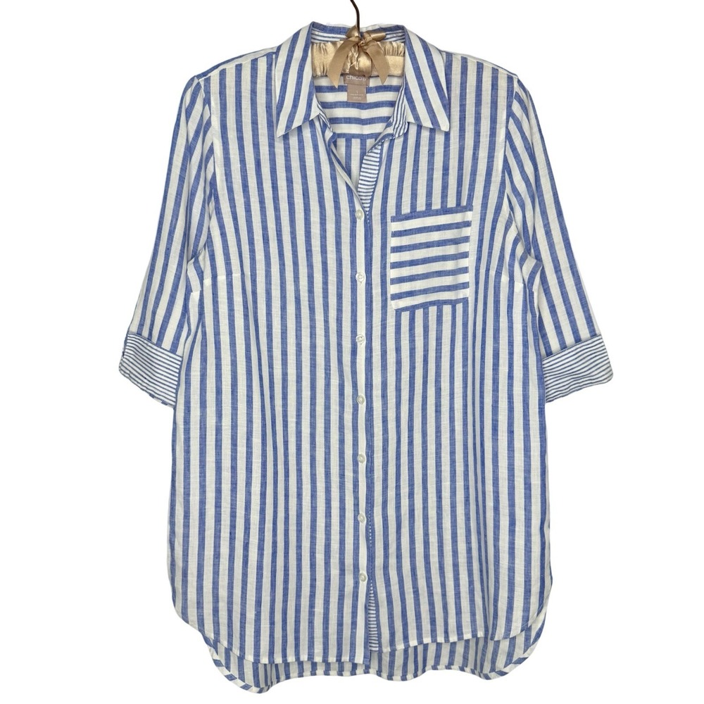 Chicos Shirt 1 (M 8/10) Blue Striped 100% Linen 3/4 Sleeve No Iron Button Down
